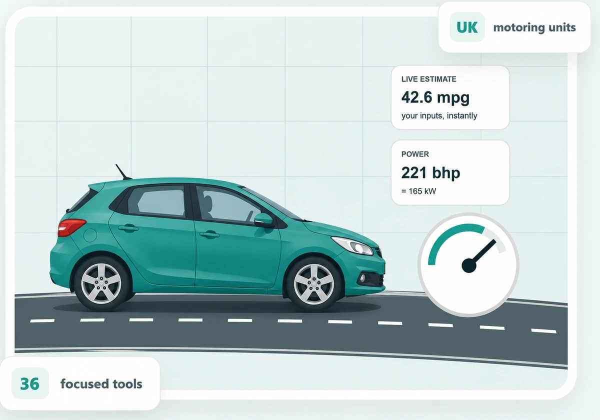 Illustrated modern car with fuel and power calculation cards